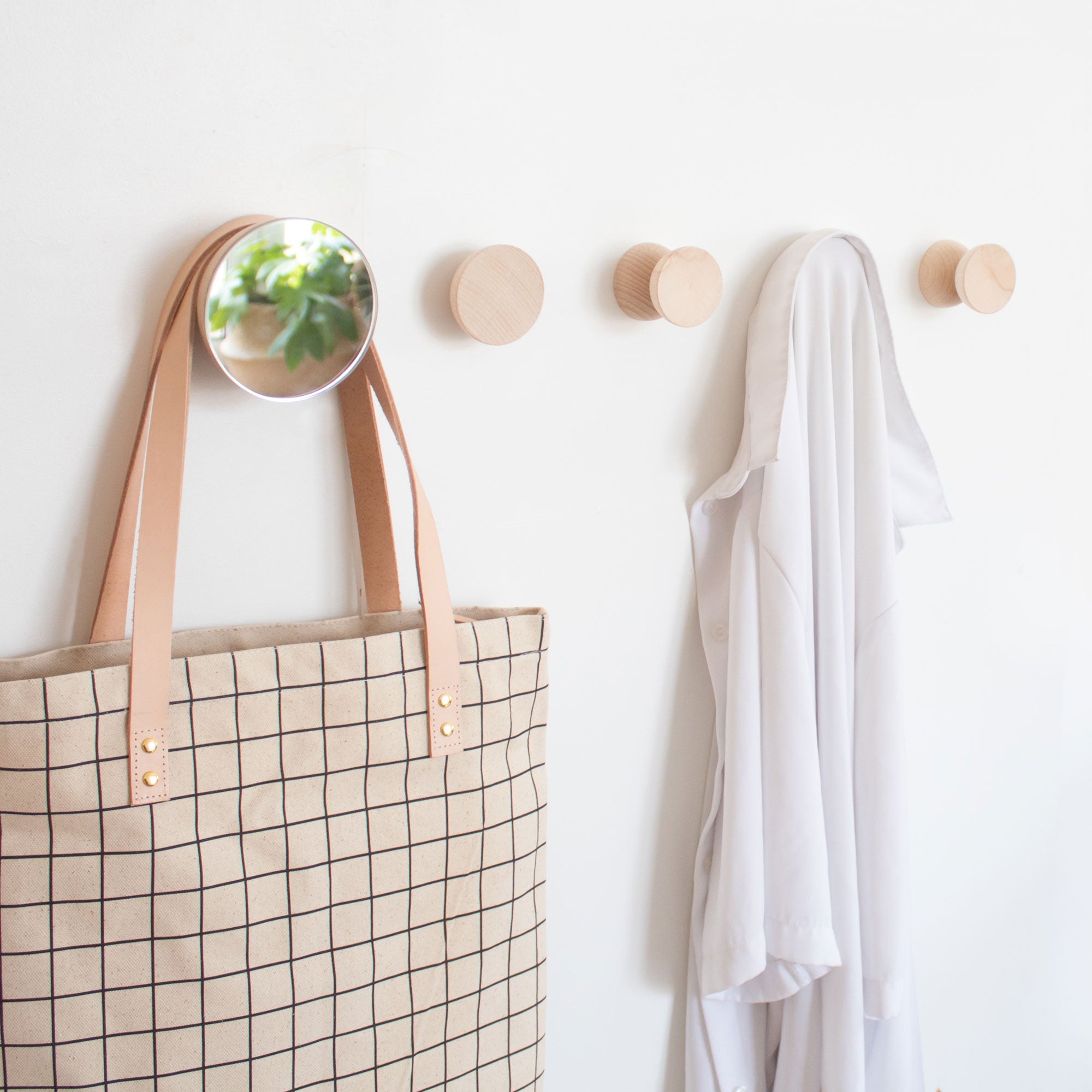 Round Beech Wood Wall Mounted Mirror Coat Hook