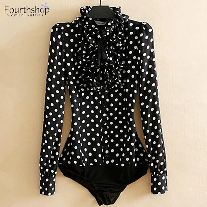 Black women's bodycon dress with white polka dot print, stylish and fitted, from Corporación Turística.
