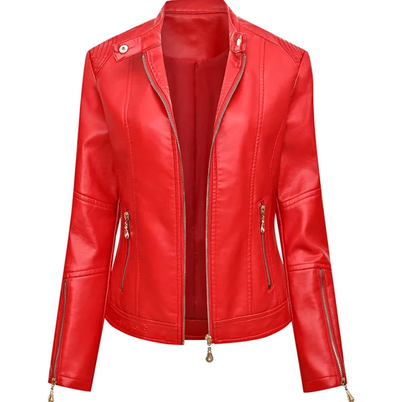 Chaqueta Cuello Mandarín PU Mujer BeckyWalk WF163 Cremalleras Ajustada