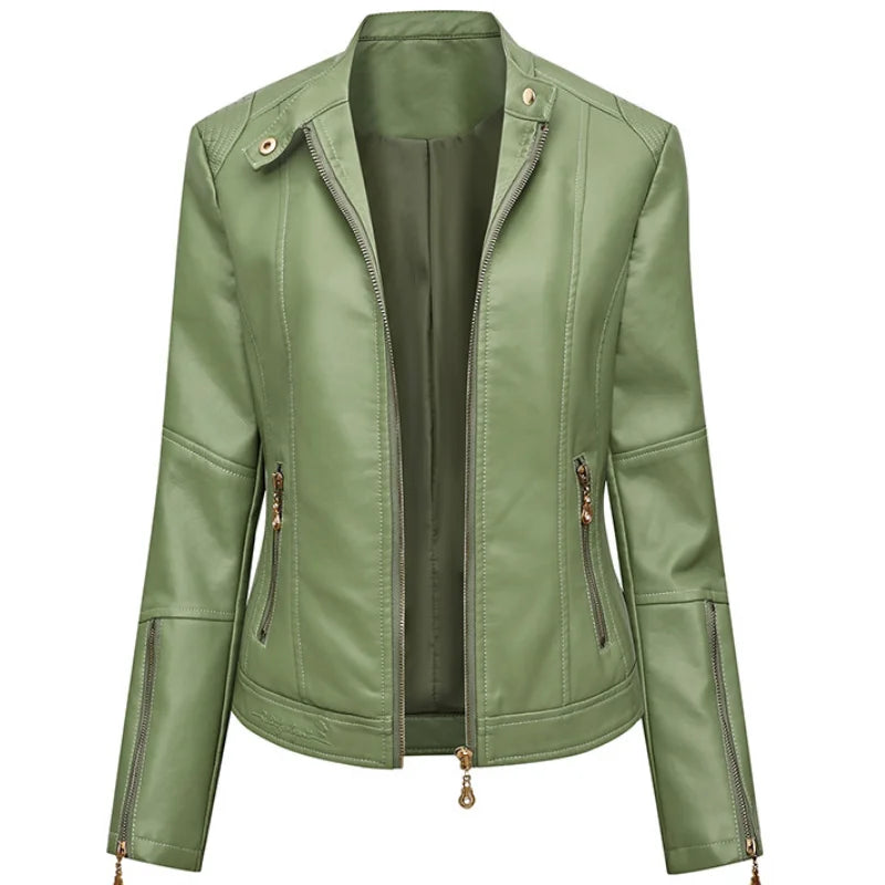 Chaqueta Cuello Mandarín PU Mujer BeckyWalk WF163 Cremalleras Ajustada