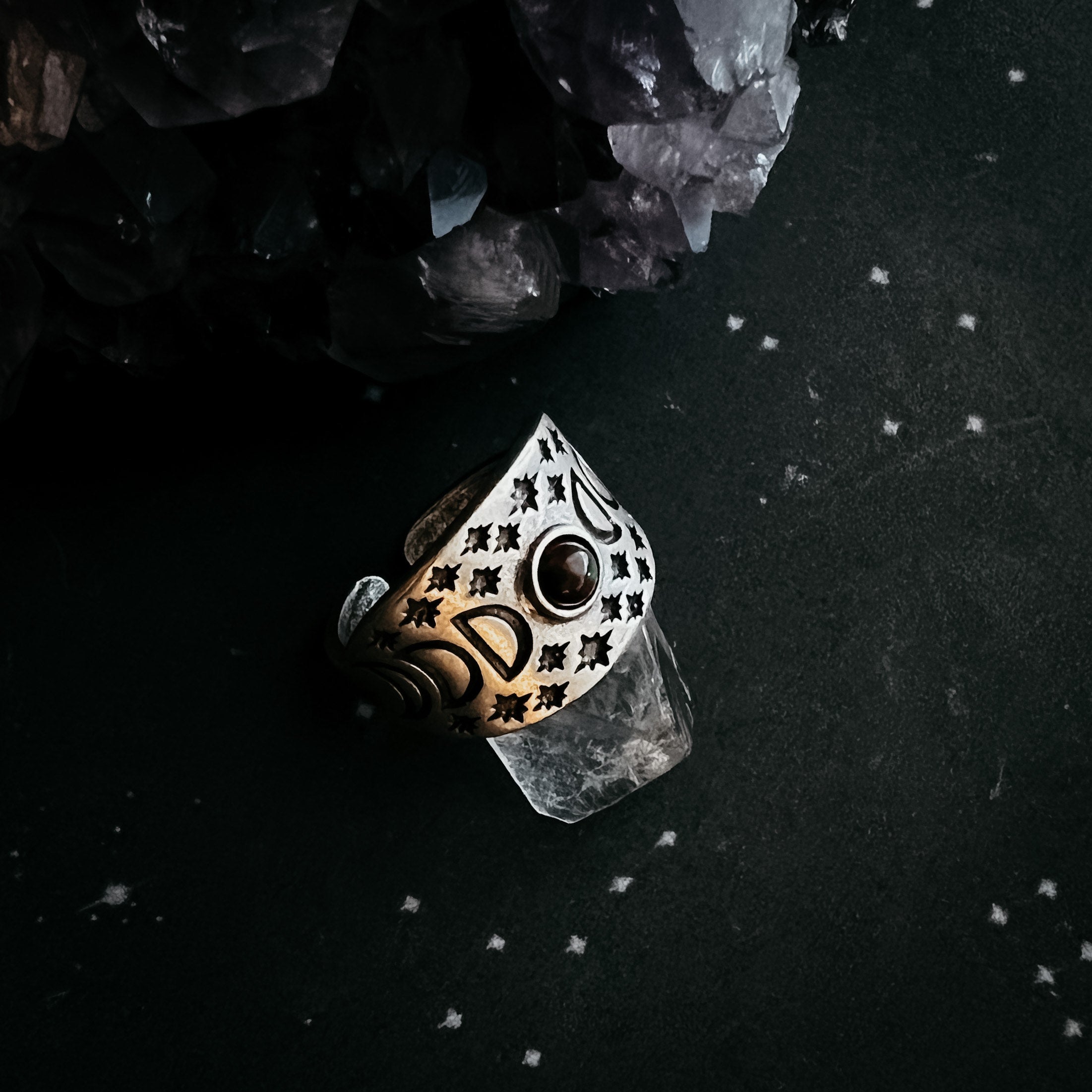Eclipse Ring with Moon Phases and Black Opal