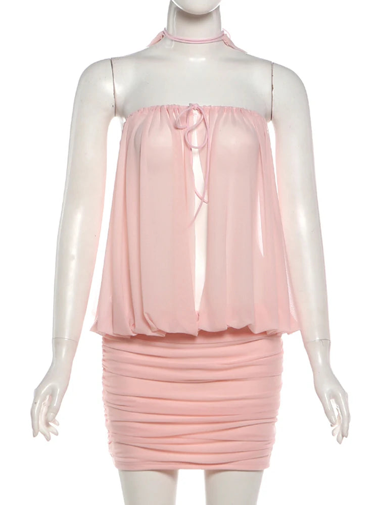 Mini bodycon dress for women by Sisterlinda with a crossover neckline, featuring a fitted silhouette and stylish design.