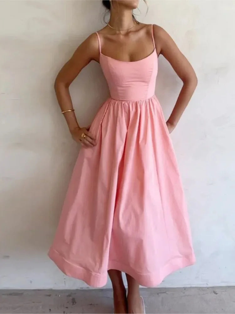 Vestido Midi Rosa Vacaciones Mujer 2026 Elegante Tirantes Finos Línea A
