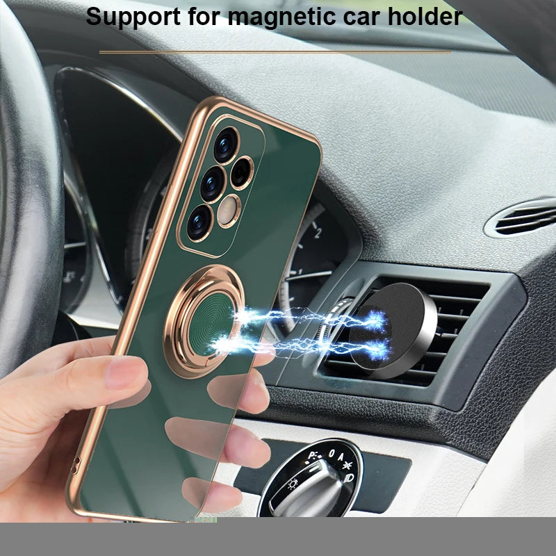 Luxury gold-plated magnetic phone case with built-in support, designed by Corporación Turística for stylish protection.