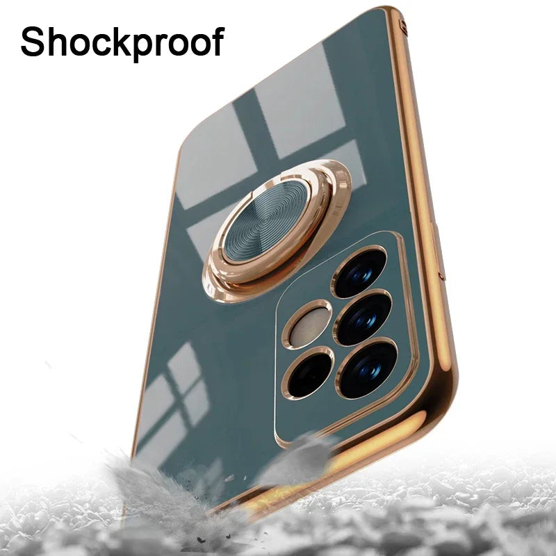 Luxury gold-plated ring holder case for Samsung smartphones with built-in support, featuring a sleek and elegant design.