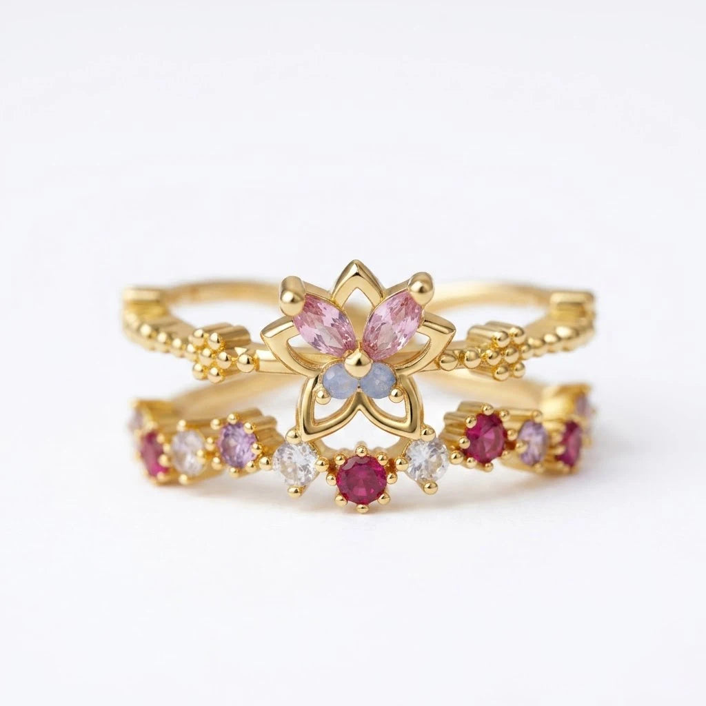Anillo Flor Circon Colorido Ajustable - Joyería Vintage para Mujer