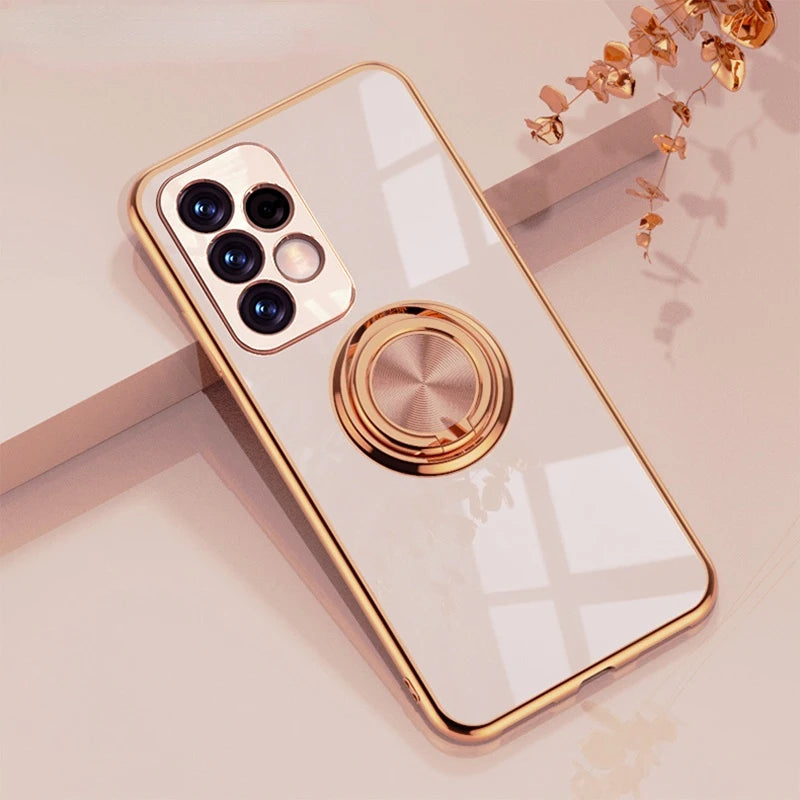 Metal ring phone case with built-in support, designed for secure grip and easy stand functionality, by Corporación Turística.