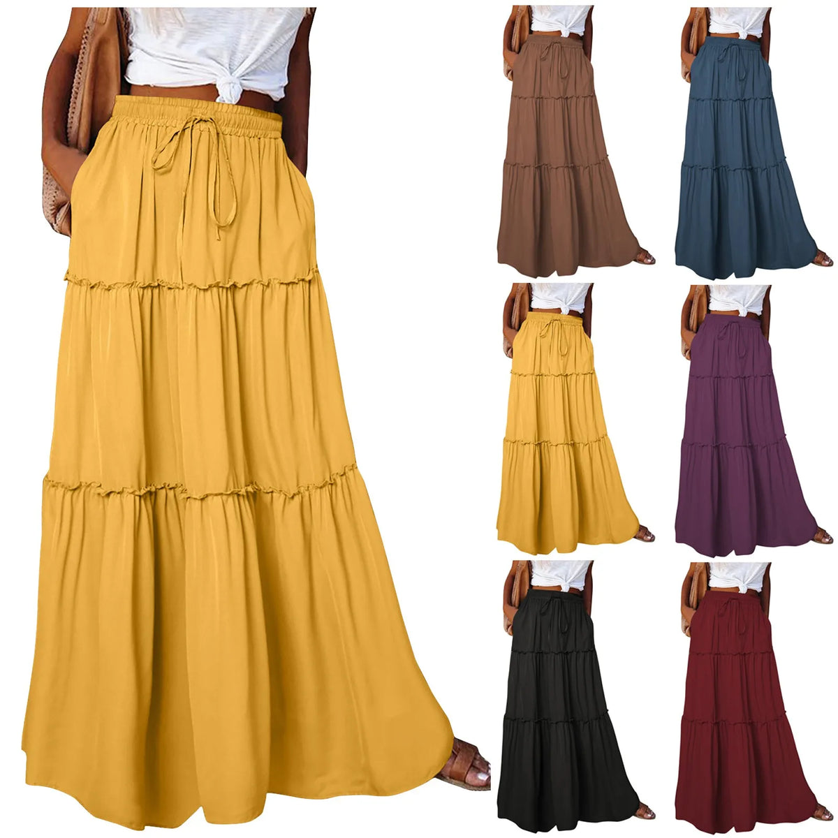 Long solid-colored women's skirt with elastic waistband, shown in a stylish black fabric, by Corporación Turística.