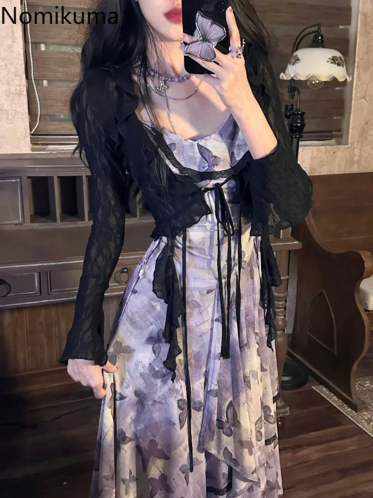 Conjunto Gasa Mariposa Vintage: Vestido Elegante Verano (2 Piezas)