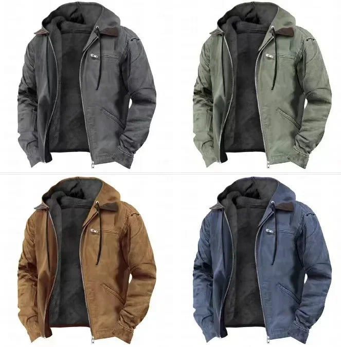 Chaqueta Invierno Hombre Lana Capucha Bolsillo Cremallera Cálida