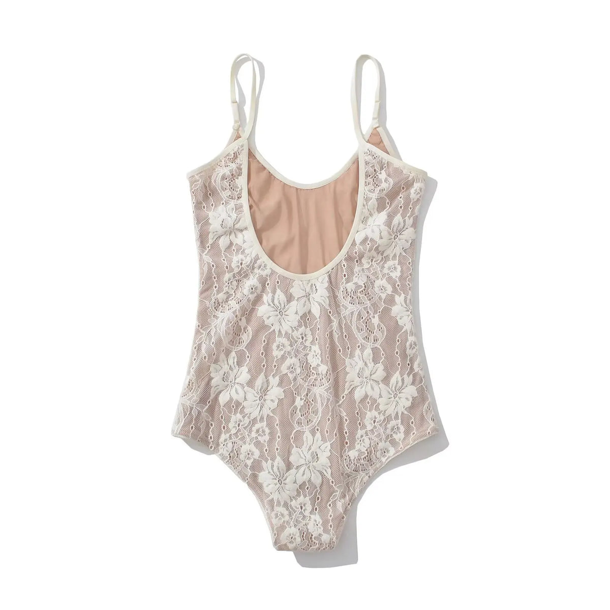 Sexy transparent lace backless body from Corporación Turística, featuring sheer fabric and delicate detailing.
