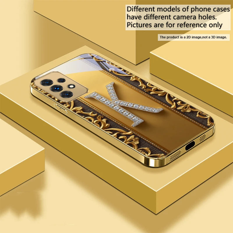 Golden crystal phone case with embedded diamonds, showcasing a luxe and sparkling design for a smartphone.