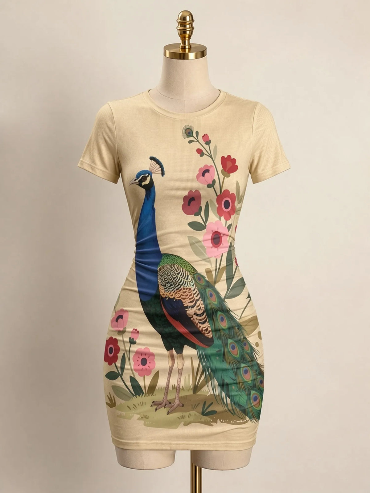Fitted short-sleeve mini dress for women with a high neckline, stylish and casual, by Corporación Turística.