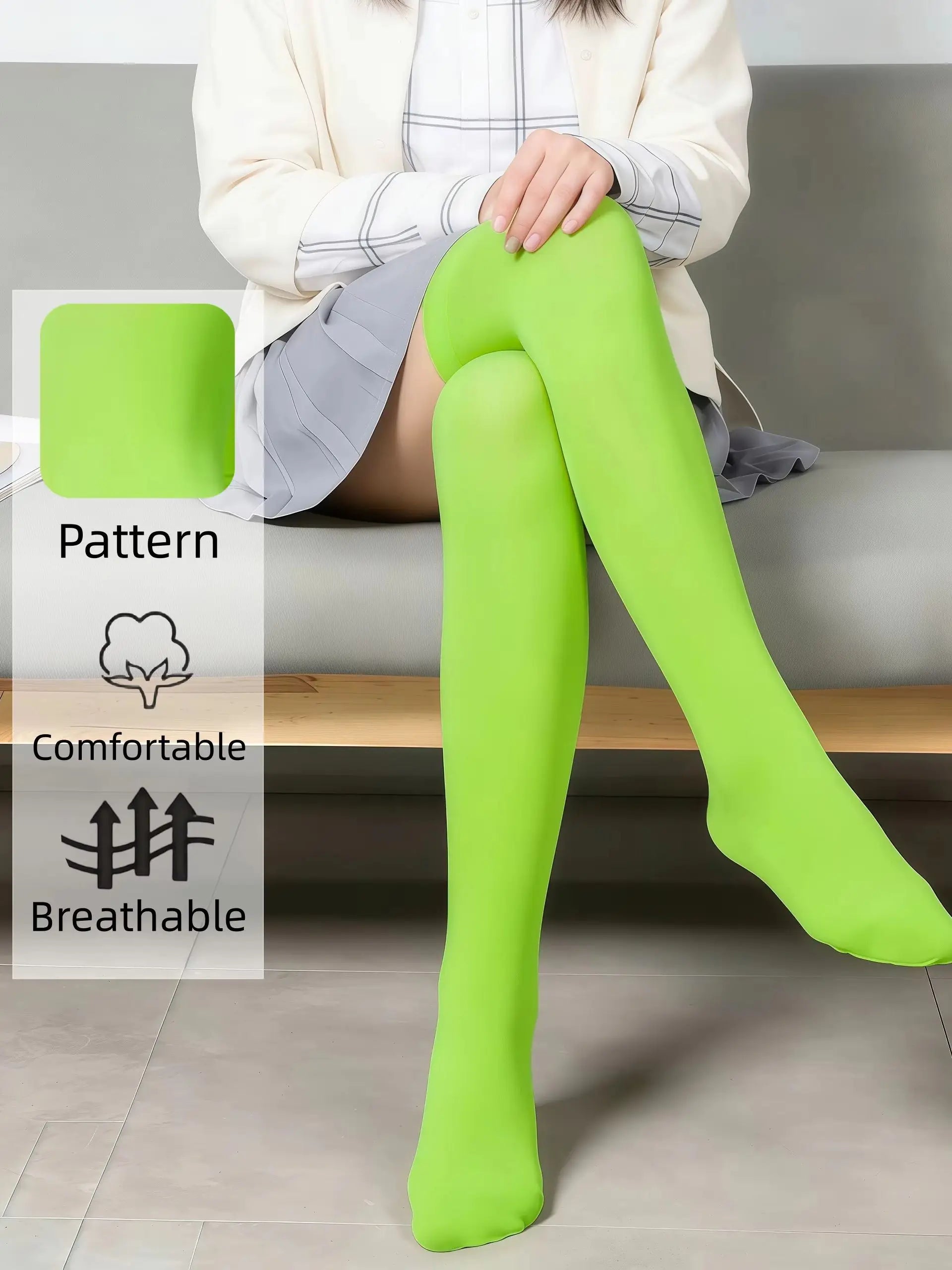 Calcetines Verdes Neón Mujer Muslo - Medias Opacas Suaves y Elásticas