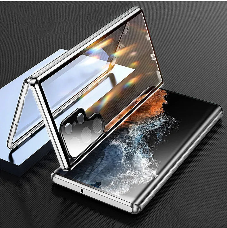 Magnetic metal phone case for Samsung S26, S25, S23, S24 by Corporación Turística, showing the sleek metallic design and magnetic closure.