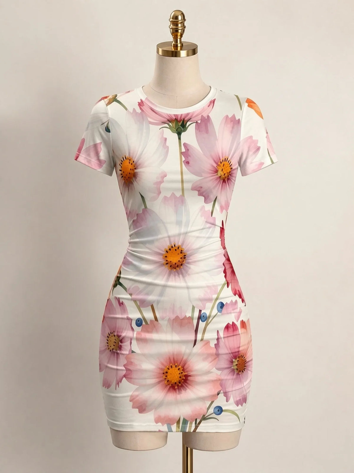Corporal Turística women's fitted mini dress with short sleeves and a round neckline, shown on a model.