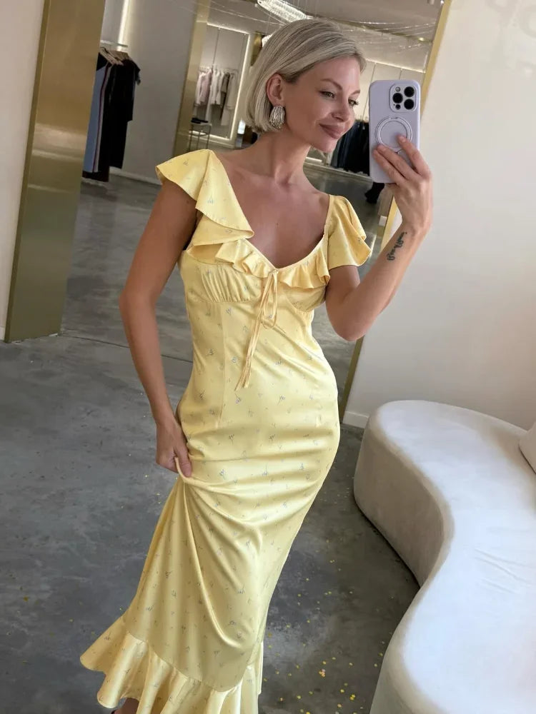 Vestido Largo Floral Volantes Cuello V Elegante Casual Verano Dama