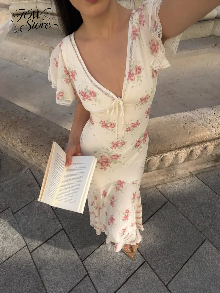 Vestido Largo Floral Volantes Cuello V Elegante Casual Verano Dama