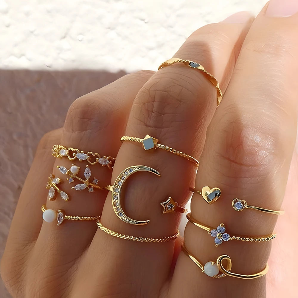 Conjunto 10 Anillos Mujer Boho Oro Cadena Luna Estrella