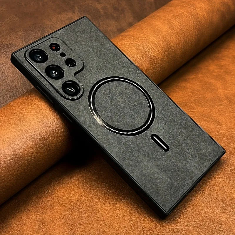 Leather PU magnetic phone case by Corporación Turística, showing the sleek brown exterior and magnetic closure for mobile protection.