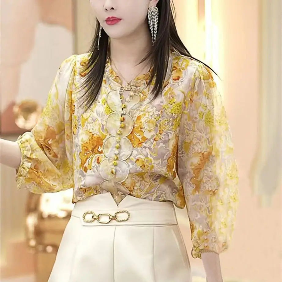 Blusa Floral Manga 3/4 Mujer: Estilo Juvenil y Fresco