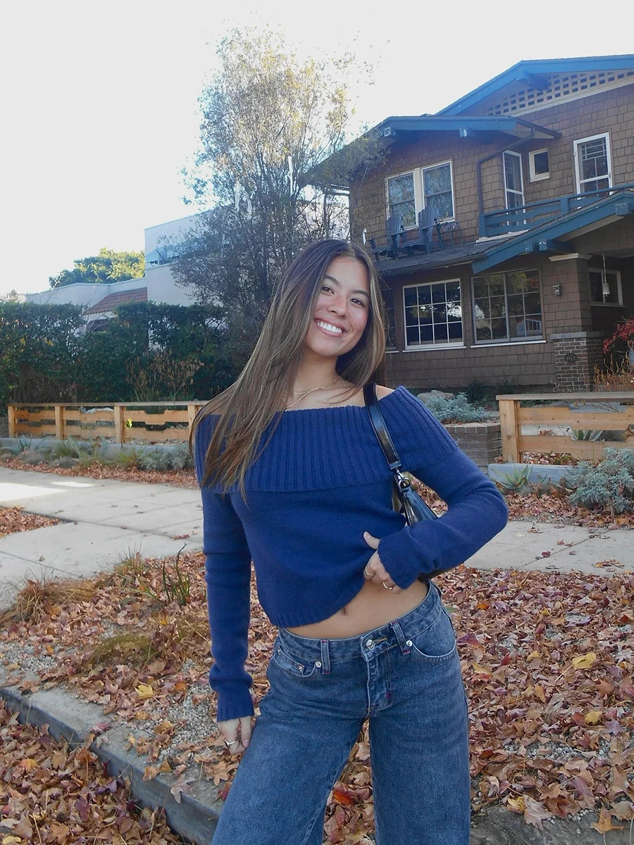 Suéter Crop Vintage Azul Marino Mujer | Y2k Ajustado Cuello Oblicuo