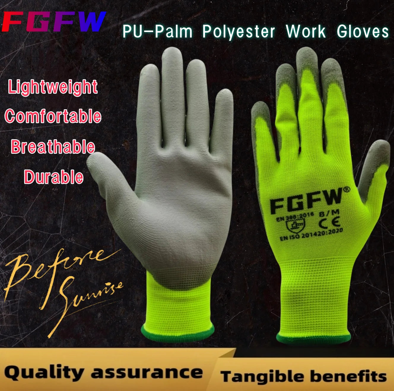 10 Pares Guantes Trabajo PU Certif. EN 388/ISO20471 Seguridad Tallas S-XL
