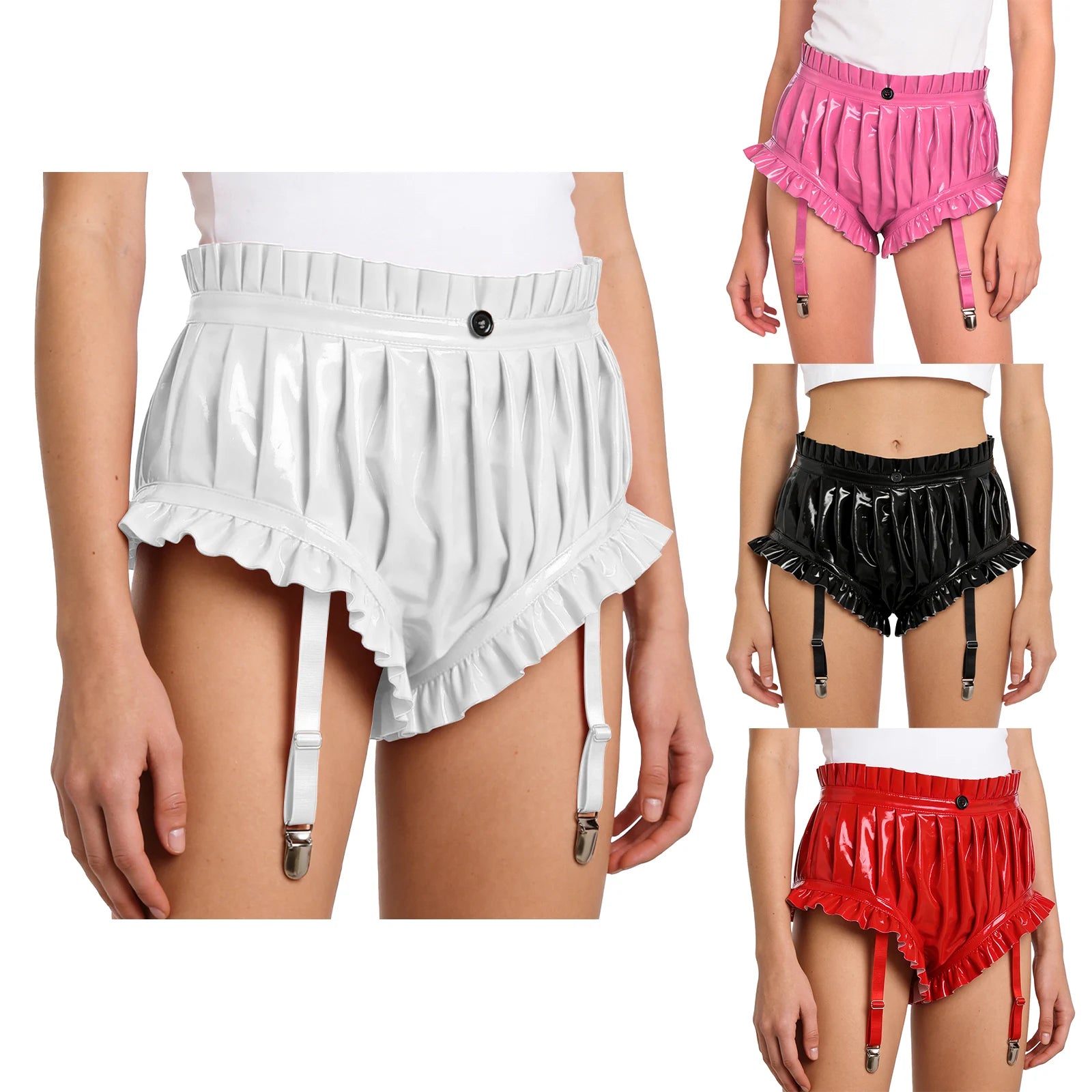 Shorts Cuero Wet Look Mujer YiZYiF Volantes Sexy Cintura Alta