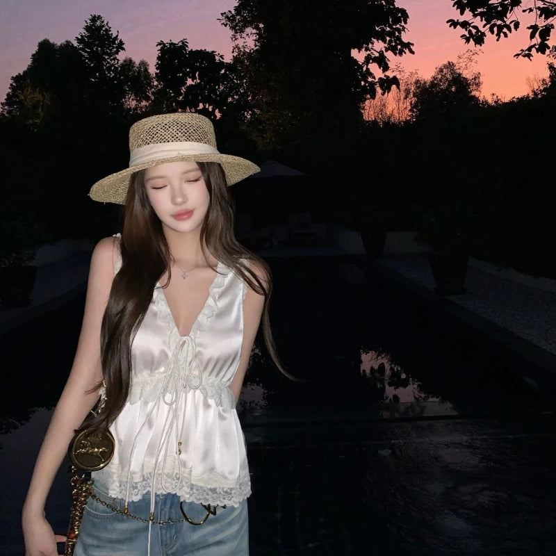 Camisola Satén Francés Volantes Sexy Cuello V Chic Coreano
