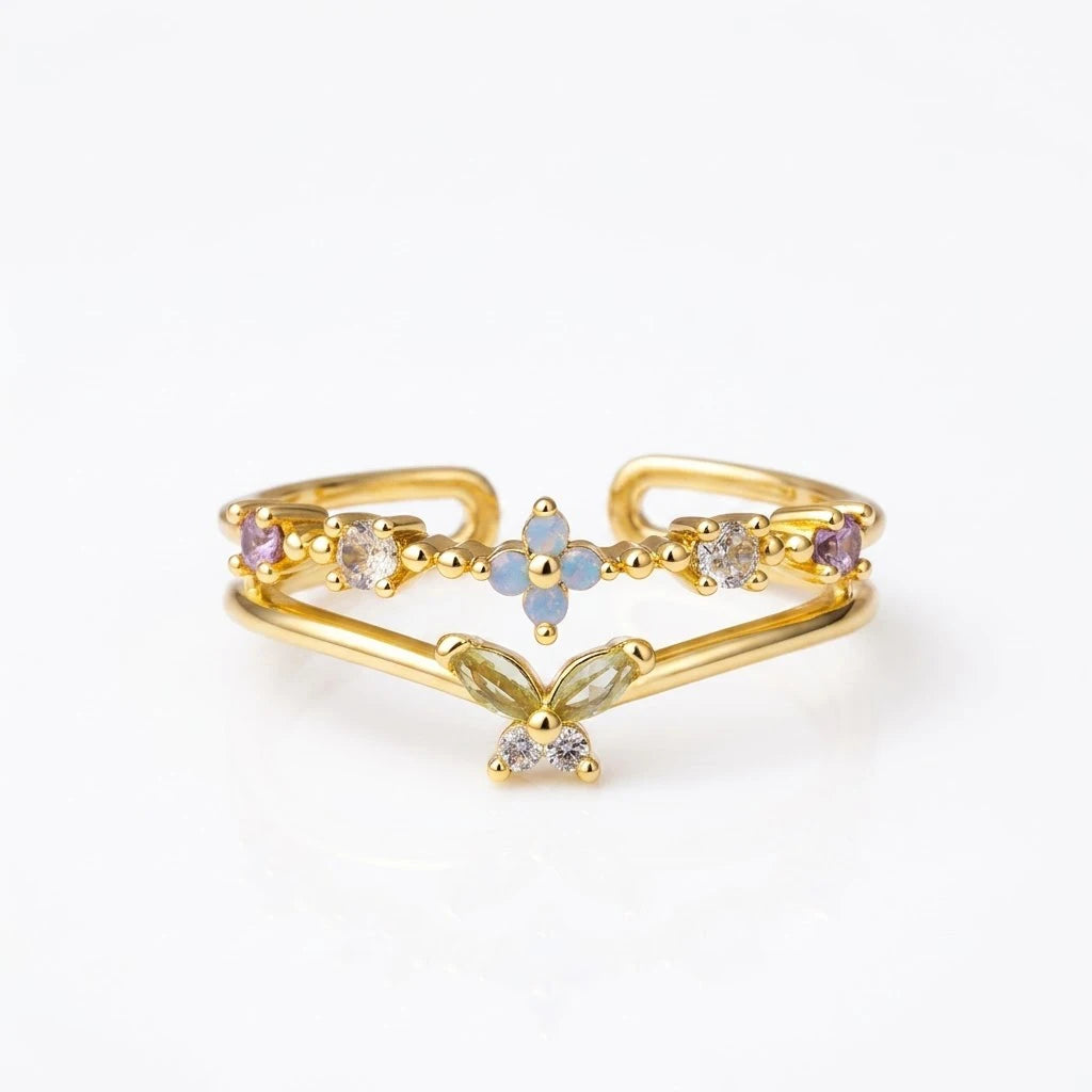 Anillo Flor Circon Colorido Ajustable - Joyería Vintage para Mujer