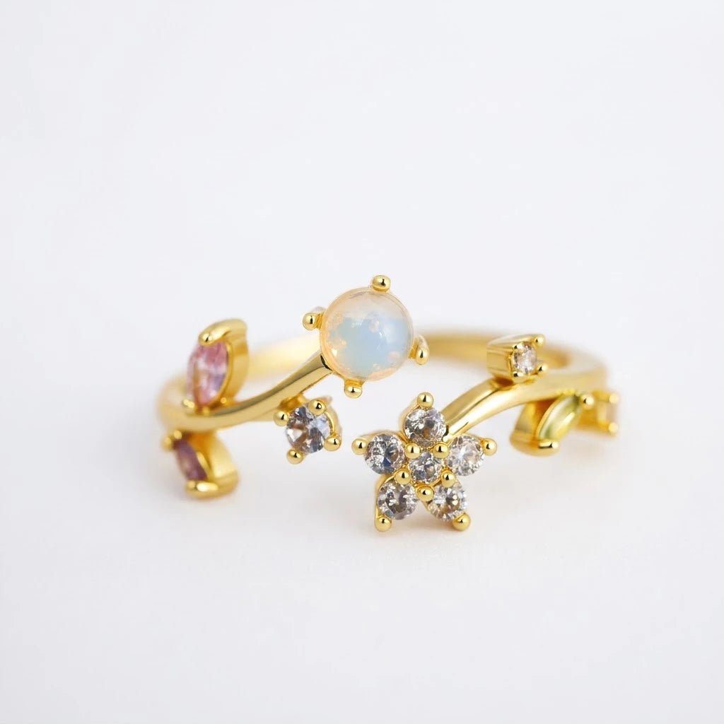 Anillo Flor Circon Colorido Ajustable - Joyería Vintage para Mujer