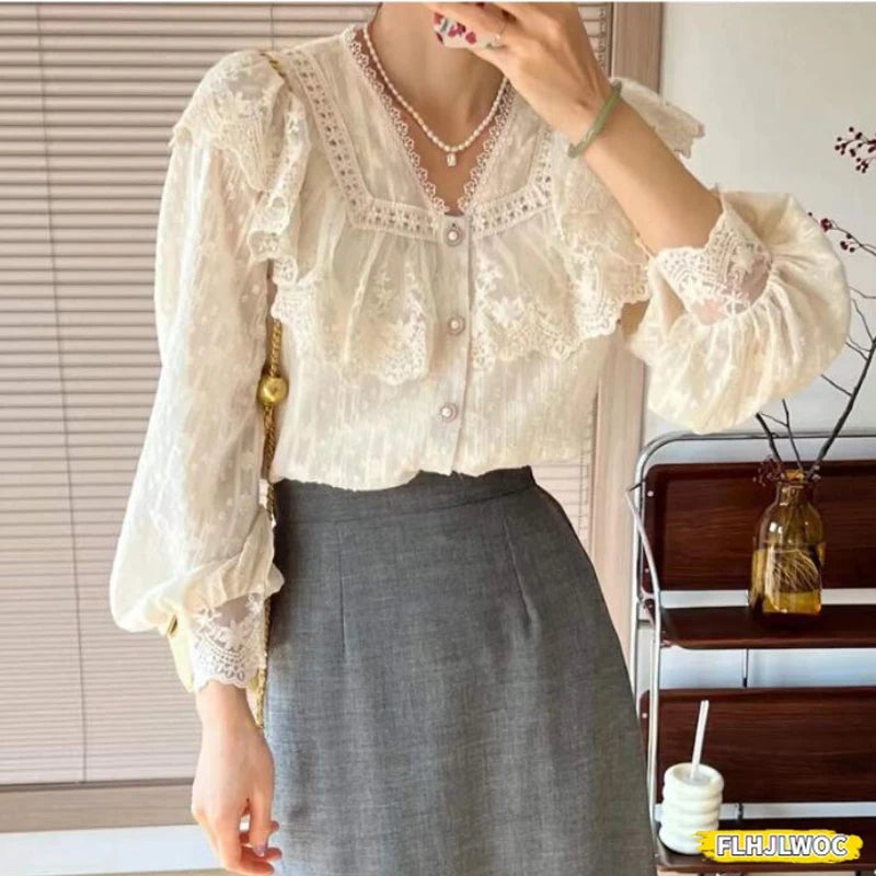 Blusa Blanca Volantes Elegante Manga Larga Mujer Oficina FLHJLWOC