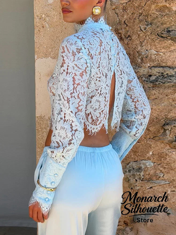 Conjunto Mujer Encaje Azul: Top Medio Alto y Pantalón Pierna Ancha