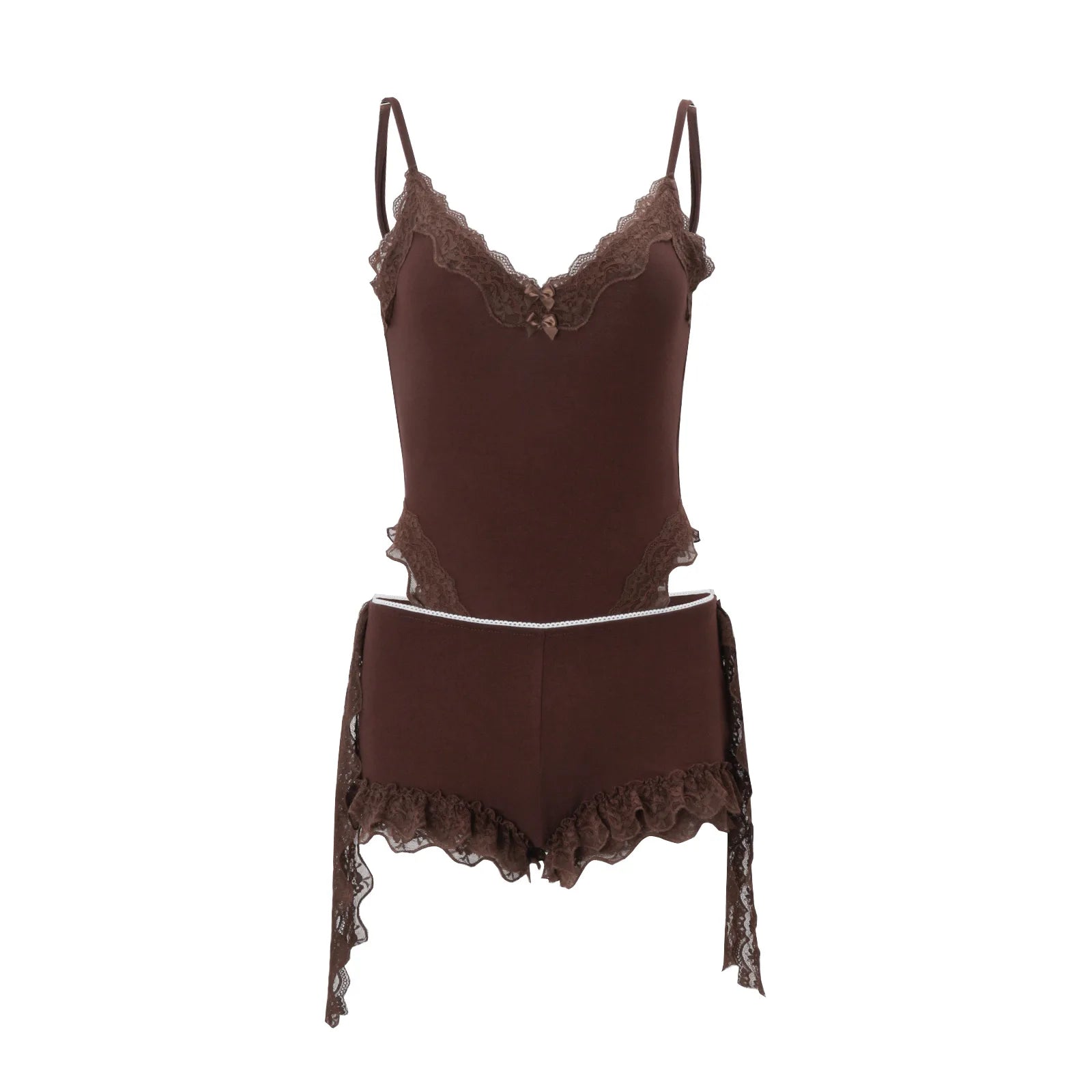 Conjunto PixieKiki Mujer: Body Encaje y Shorts Verano 2026 (Marrón)