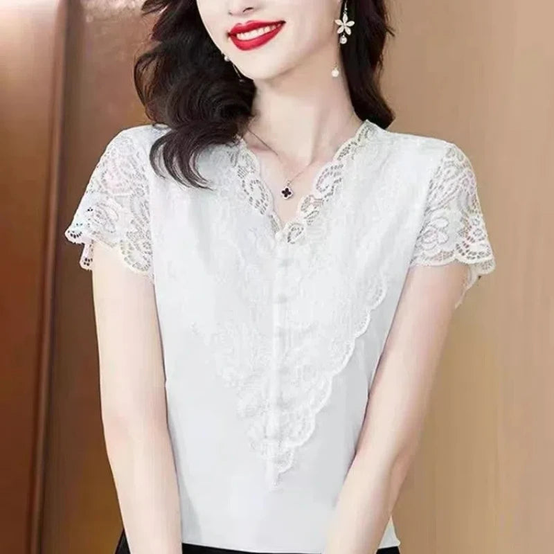 Camiseta V-Neck Encaje Gefevoqe Verano Elegante Mujer