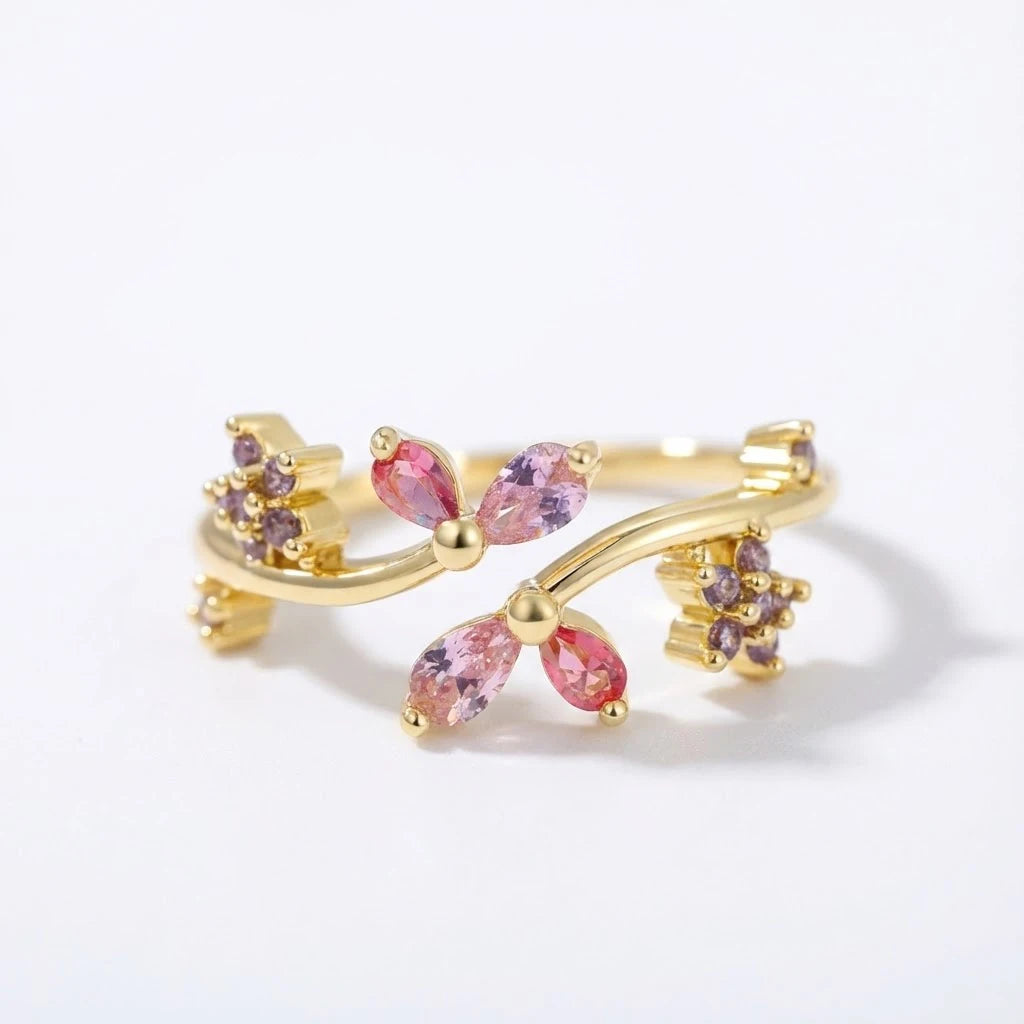 Anillo Flor Circon Colorido Ajustable - Joyería Vintage para Mujer