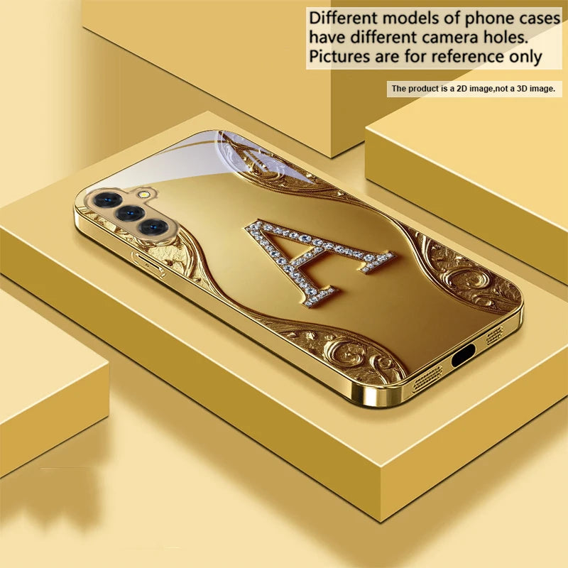 Golden crystal diamond phone case with decorative accents, designed for a stylish and protective fit for smartphones.