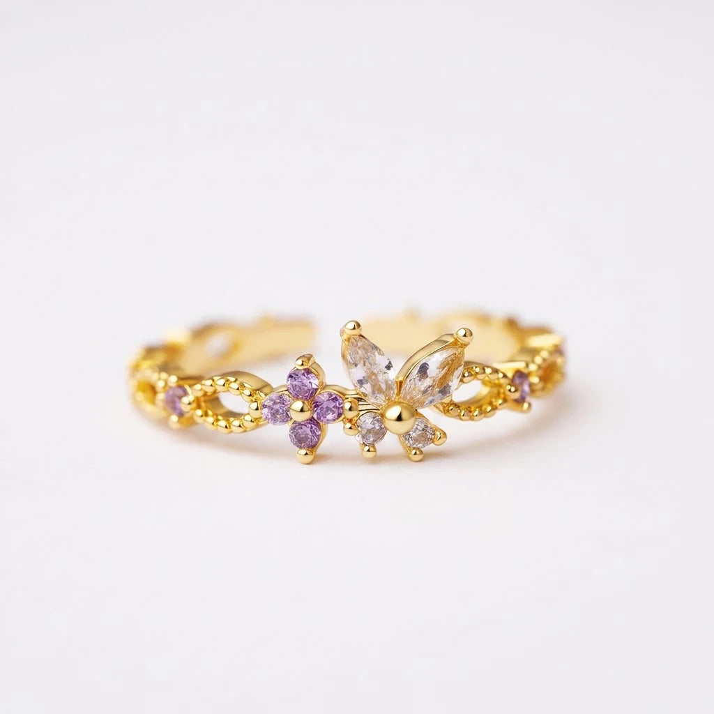 Anillo Flor Circon Colorido Ajustable - Joyería Vintage para Mujer