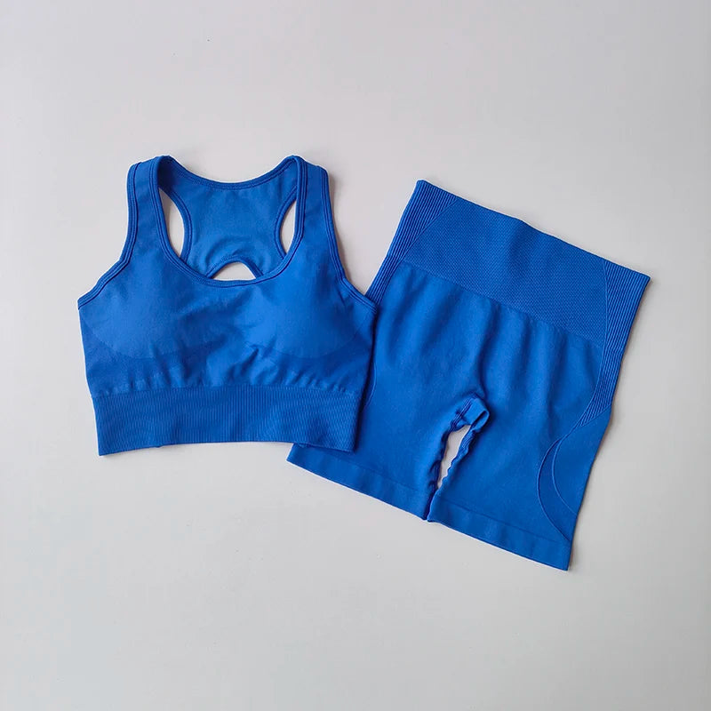 Conjunto de Yoga sin costuras para mujer, Sujetador deportivo Sexy, pantalones cortos deportivos de cintura alta, traje de entrenamiento sin mangas para gimnasio y Fitness, 2 uds.