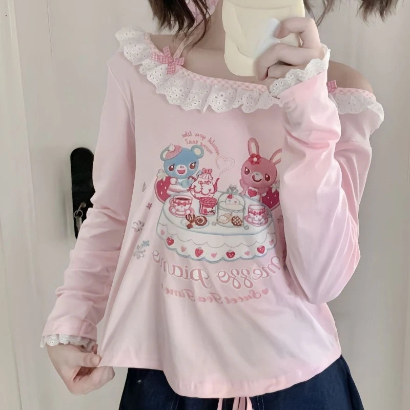 Camiseta Estética Kawaii Japonesa Y2k - Algodón/Poliéster Holgada
