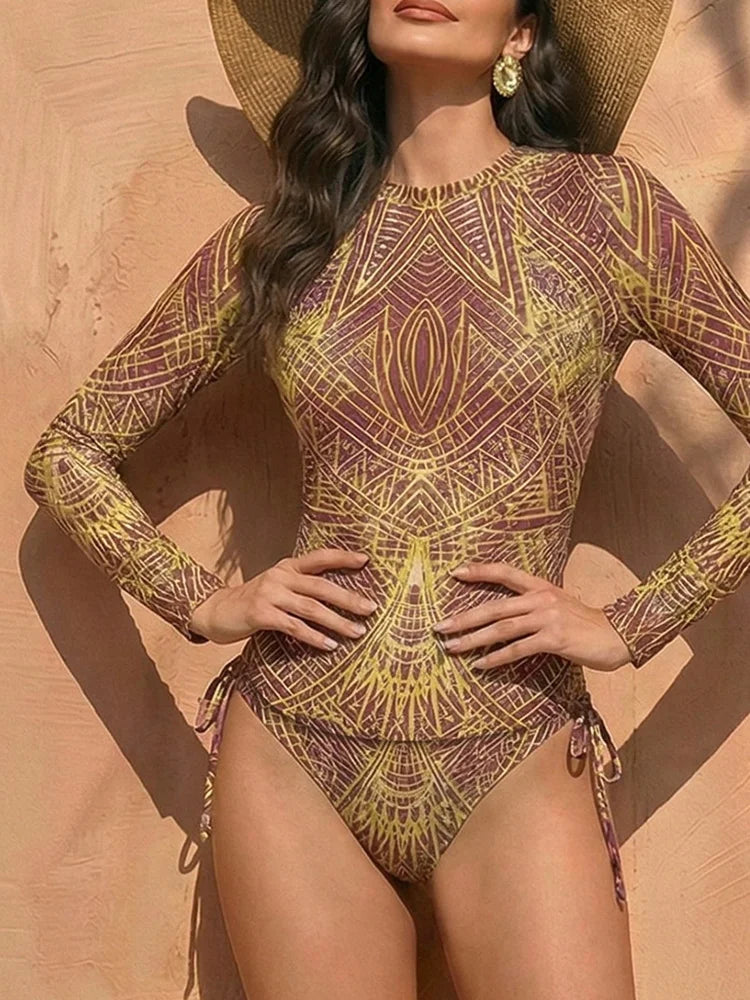 Bohemian-style women's mesh swimsuit with intricate details, showcasing a trendy and comfortable beachwear design.