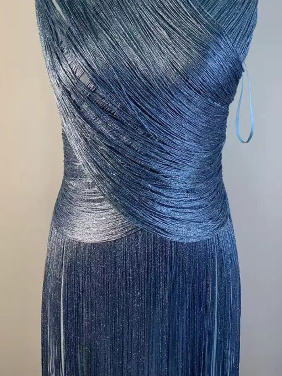 VGH Vestido Noche Azul Cuello Alto Flecos Midi Fiesta Elegante