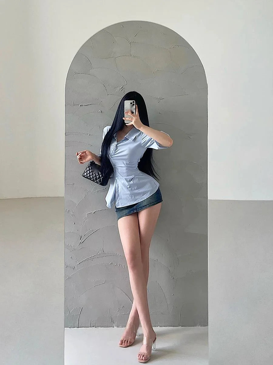 Blue denim safety miniskirt for women, featuring secure design and casual style, by Corporación Turística.