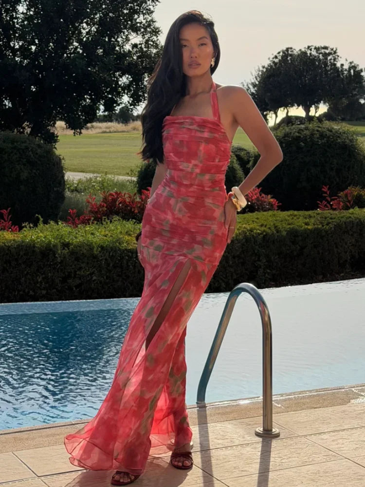 Vestido Largo Floral Volantes Cuello V Elegante Casual Verano Dama