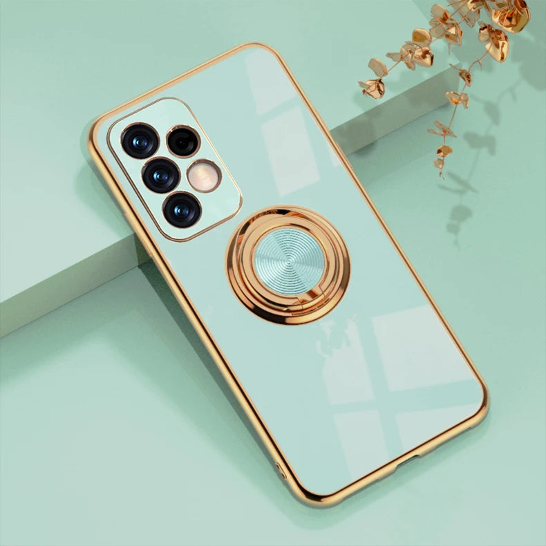 Metal ring phone case with built-in support, designed for secure grip and stand functionality, suitable for various smartphones.