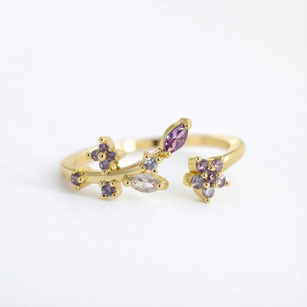 Anillo Flor Circon Colorido Ajustable - Joyería Vintage para Mujer