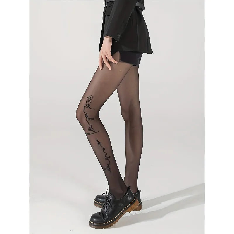 Two pairs of black shrimp-patterned silk stockings from Corporación Turística, featuring intricate marine-inspired design.