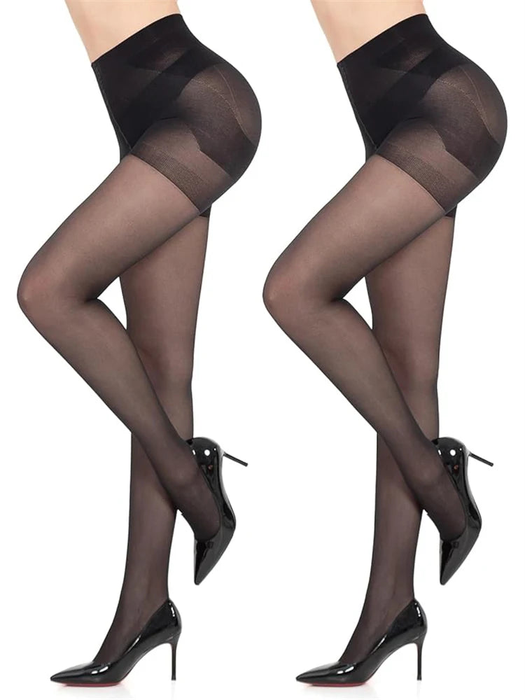 Transparent 40D women's tights in black, pair of sheer nylon stockings from Corporación Turística, showcasing smooth, glossy fabric.