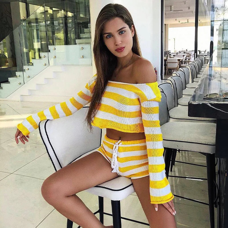 Casual striped knit two-piece set for women, featuring a top and matching bottoms, by Corporación Turística.
