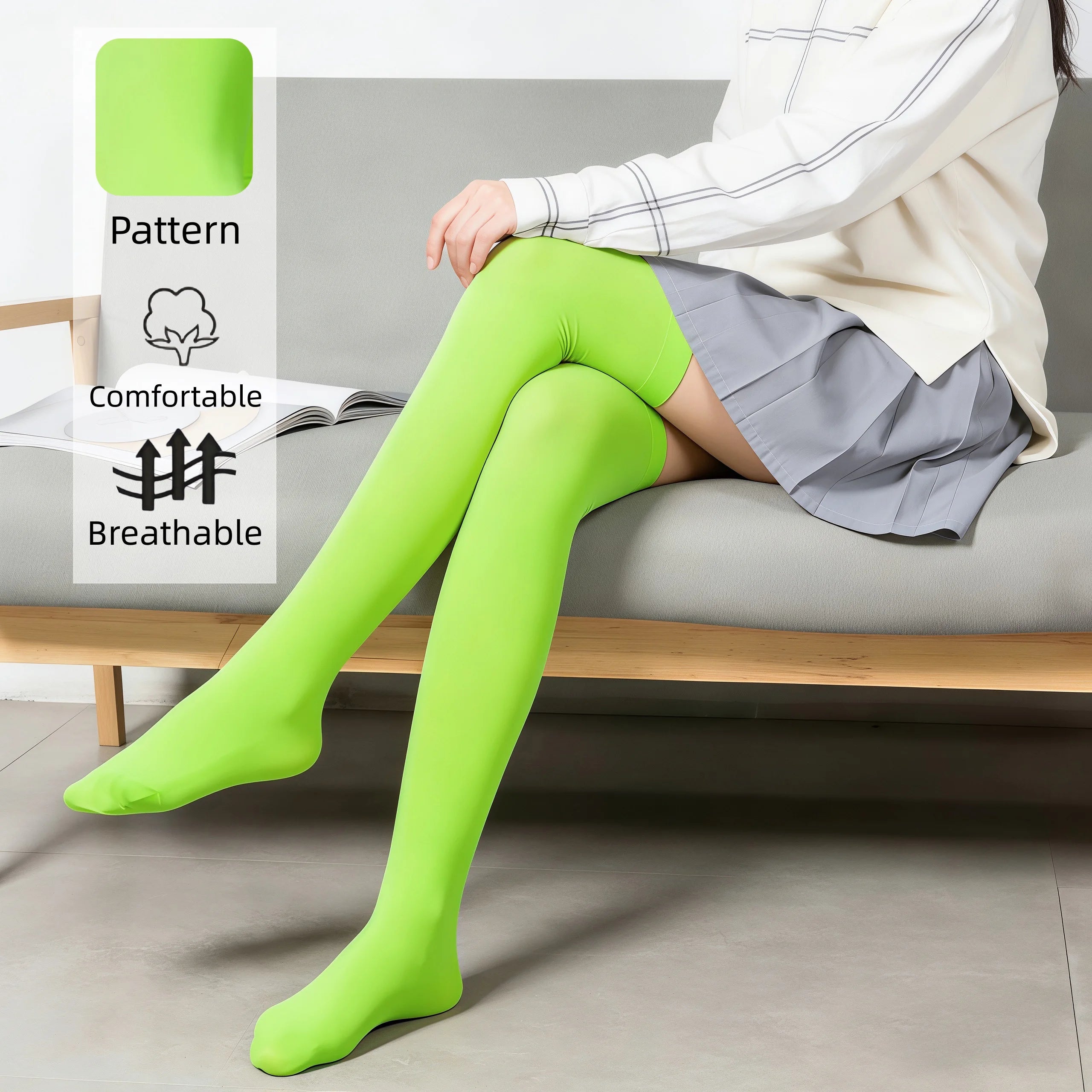 Calcetines Verdes Neón Mujer Muslo - Medias Opacas Suaves y Elásticas